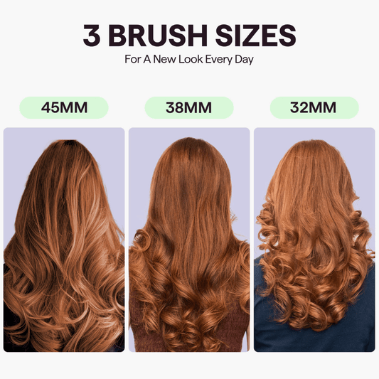 Pink hatwave Pro hair styling tool featuring three interchangeable hairbrush sizes and a before and after transformation, displayed on a clean white background.
