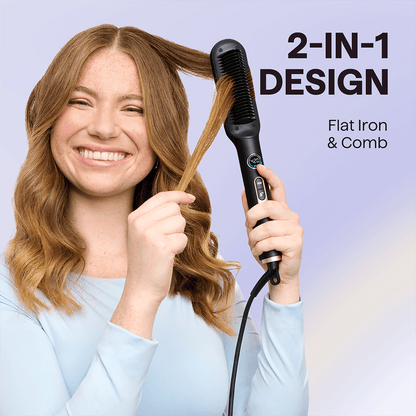 Gold Rose Sleek Sweep 2-in-1 flat iron and comb being used to style hair, featured on a light purple background.