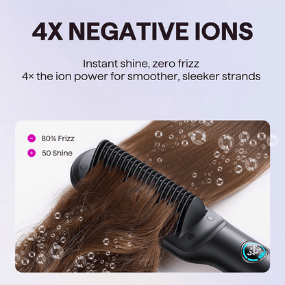 Gold Rose Sleek Sweep hair straightening comb featuring 4X negative ion technology for frizz-free hair, presented on a white background.