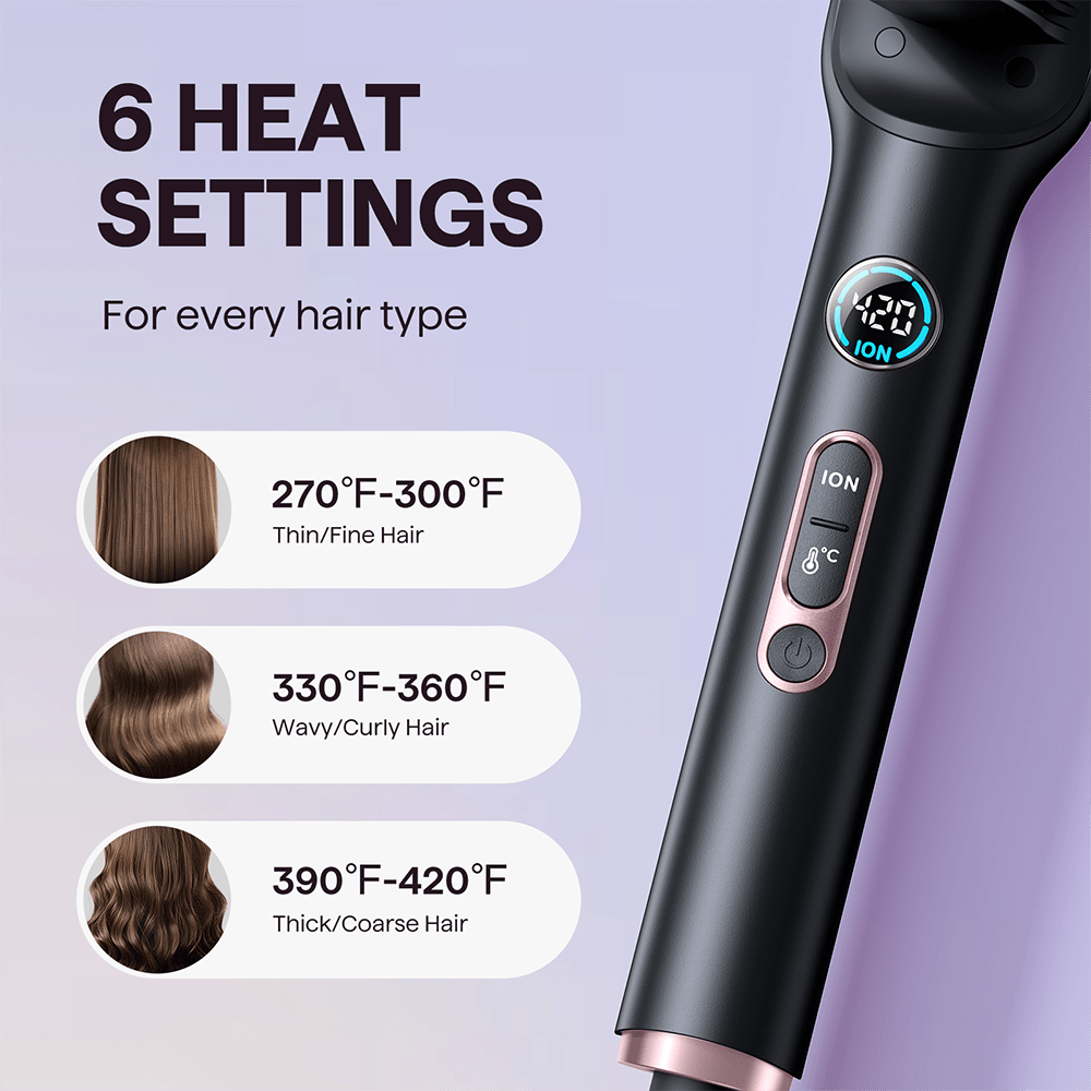 Gold Rose Sleek Sweep hair styling tool featuring a digital display and adjustable temperature settings on a light purple background.