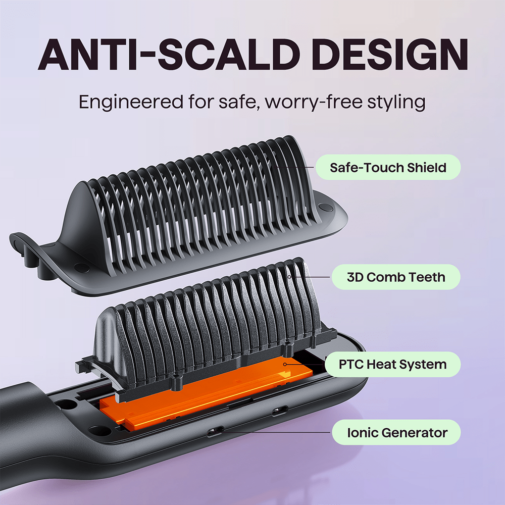 Gold Rose Sleek Sweep hair straightener featuring labeled functional parts and key features on a light purple background.