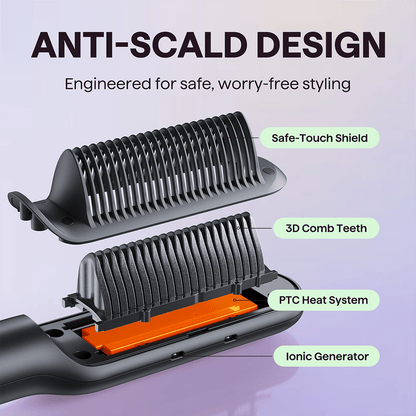Gold Rose Sleek Sweep hair straightener featuring labeled functional parts and key features on a light purple background.