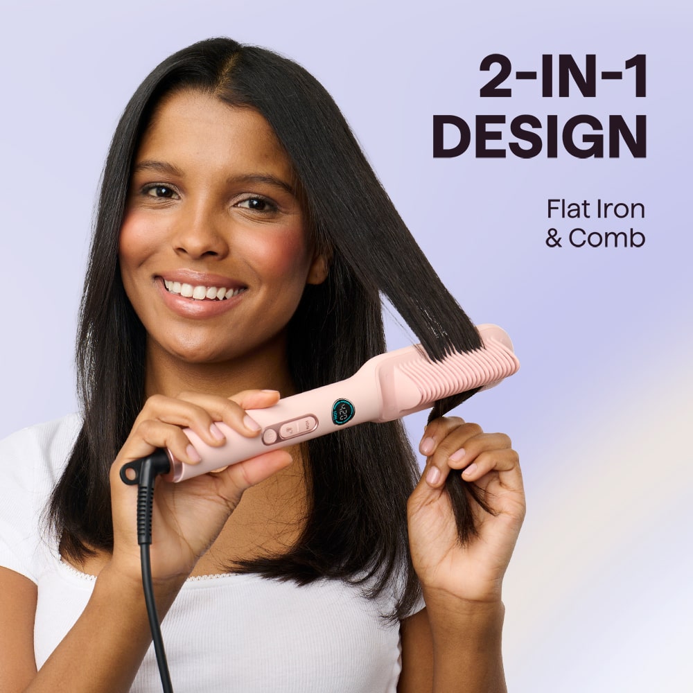 Pink Sleek Sweep 2-in-1 flat iron and comb being used by a woman to style hair, featured on a light purple background.
