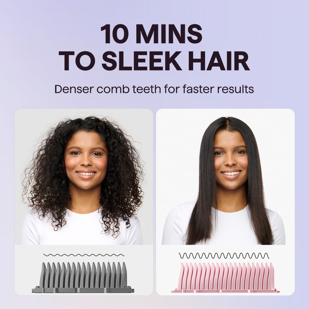 Before and after hair comparison using the pink Sleek Sweep denser comb, featuring the text "10 Mins to Sleek Hair" on a light purple background.