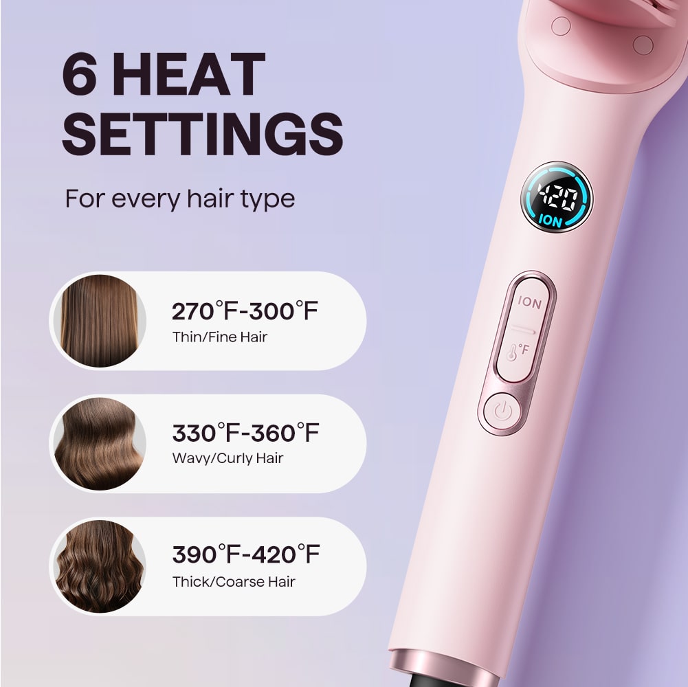 Pink Sleek Sweep hair styling tool featuring a digital display and adjustable temperature settings on a light purple background.