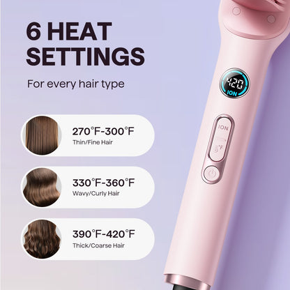 Pink Sleek Sweep hair styling tool featuring a digital display and adjustable temperature settings on a light purple background.