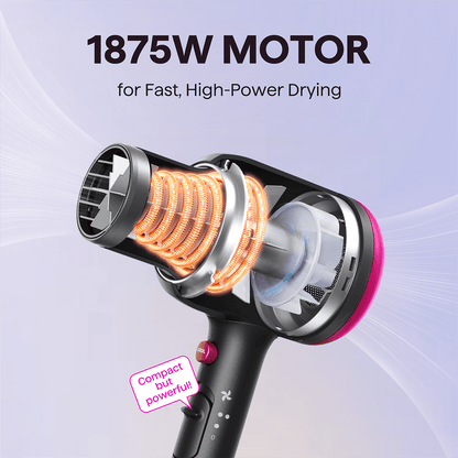 Black Blown Away hair dryer with a powerful 1875W motor for professional drying, featured on a light purple background.