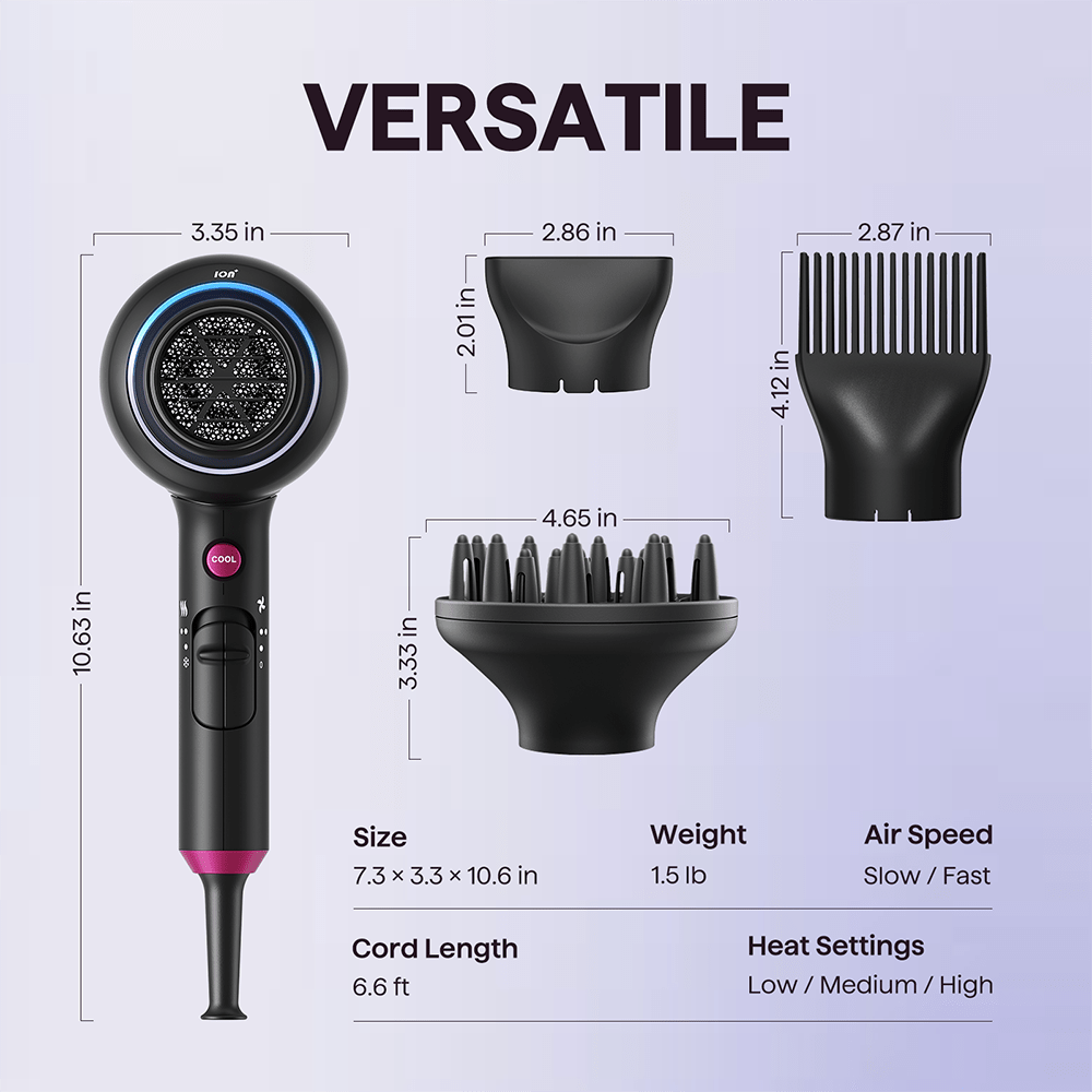Black Blown Away hair dryer featuring professional styling attachments and technical specifications on a light purple background.