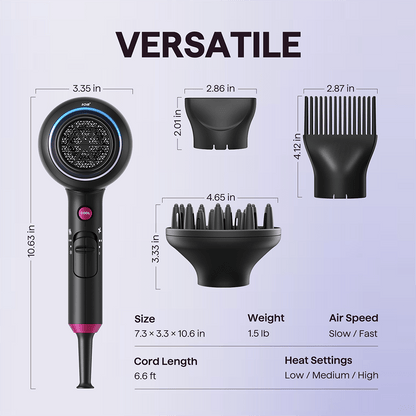 Black Blown Away hair dryer featuring professional styling attachments and technical specifications on a light purple background.