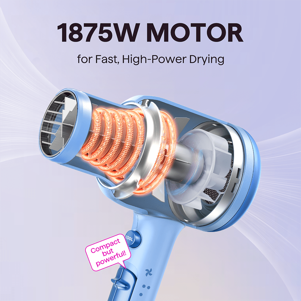 Blue Blown Away hair dryer with a powerful 1875W motor for fast styling, featured on a light blue background.