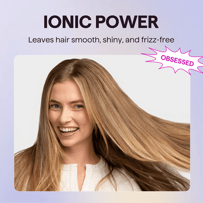 Woman with long, straight hair on a light purple background with text about Ionic Power hair product.