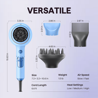 Blue Blown Away hair dryer with styling attachments and technical specifications featured on a light purple background.