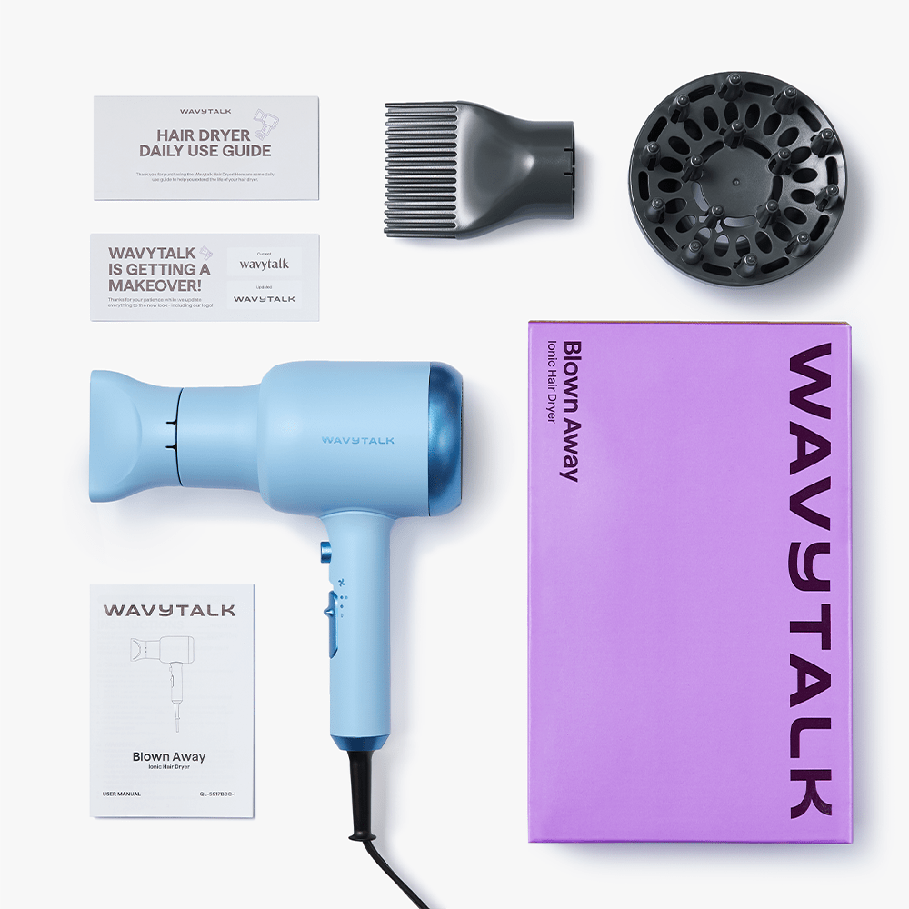 Blue Blown Away hair dryer by Wavytalk with styling attachments and original packaging on a white background.