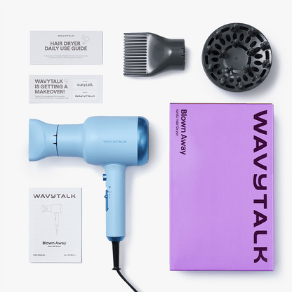 Blue Blown Away hair dryer by Wavytalk with styling attachments and original packaging on a white background.