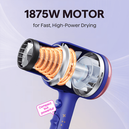 Blue Blown Away hair dryer with a powerful 1875W motor for professional drying, featured on a light purple background.