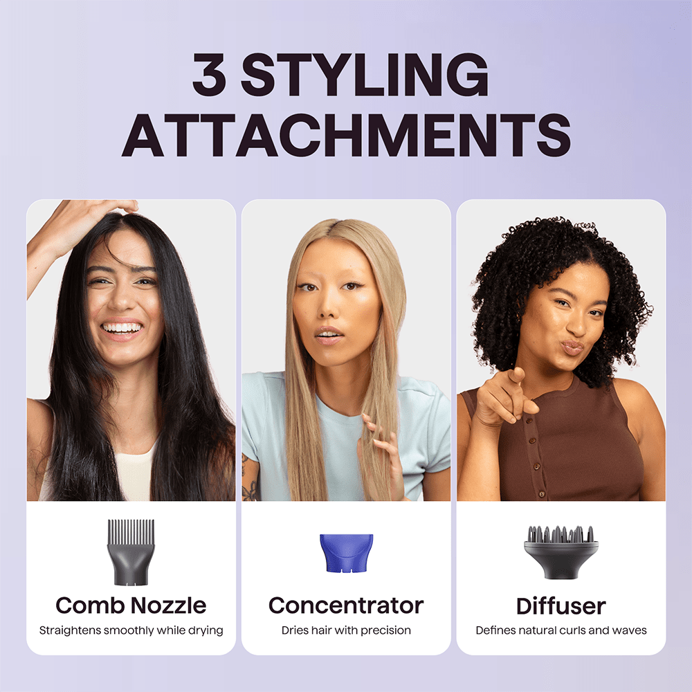 Three women with different hairstyles showcasing three styling attachments on a light purple background.