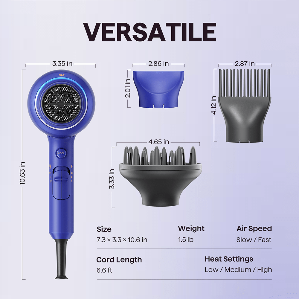 Blue Blown Away hair dryer featuring professional styling attachments and technical specifications on a light purple background.