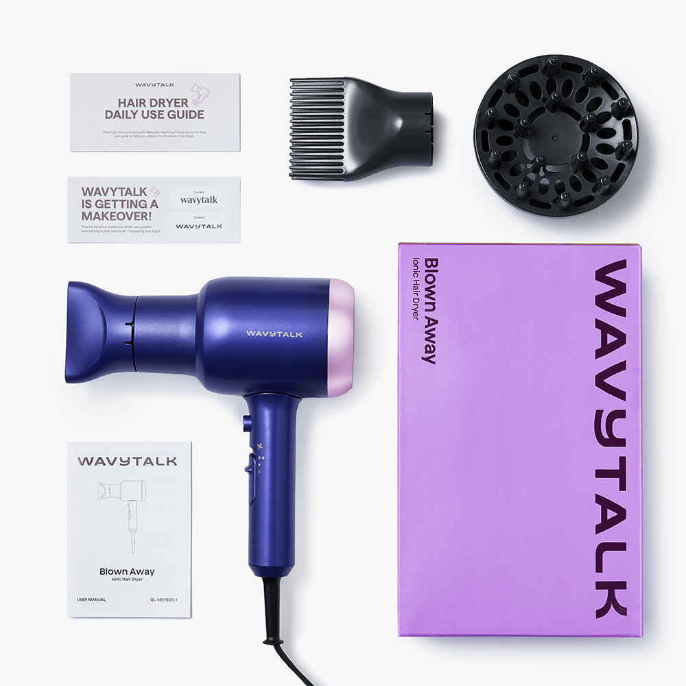 Blue Blown Away hair dryer set by Wavytalk, including professional accessories and styling attachments on a white background.