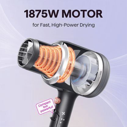 Gray Blown Away hair dryer with a powerful 1875W motor for professional drying, featured on a light purple background.