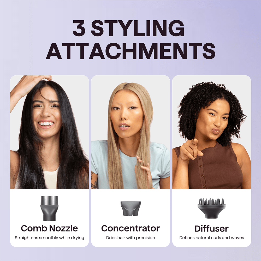 Three women with different hairstyles showcasing three styling attachments on a light purple background.