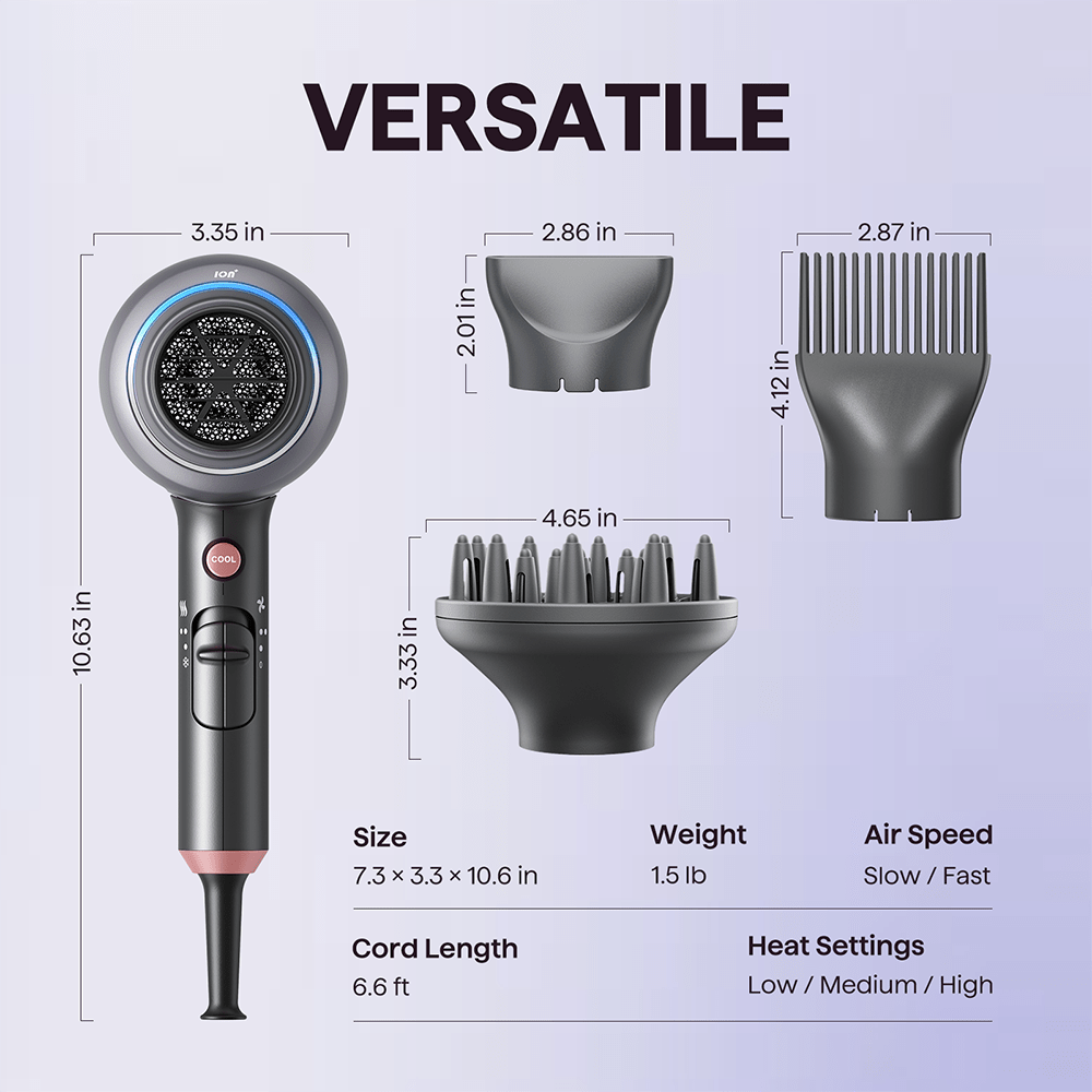 Gray Blown Away hair dryer featuring professional styling attachments and technical specifications on a light purple background.