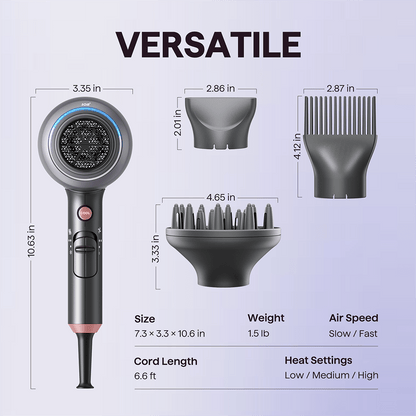 Gray Blown Away hair dryer featuring professional styling attachments and technical specifications on a light purple background.