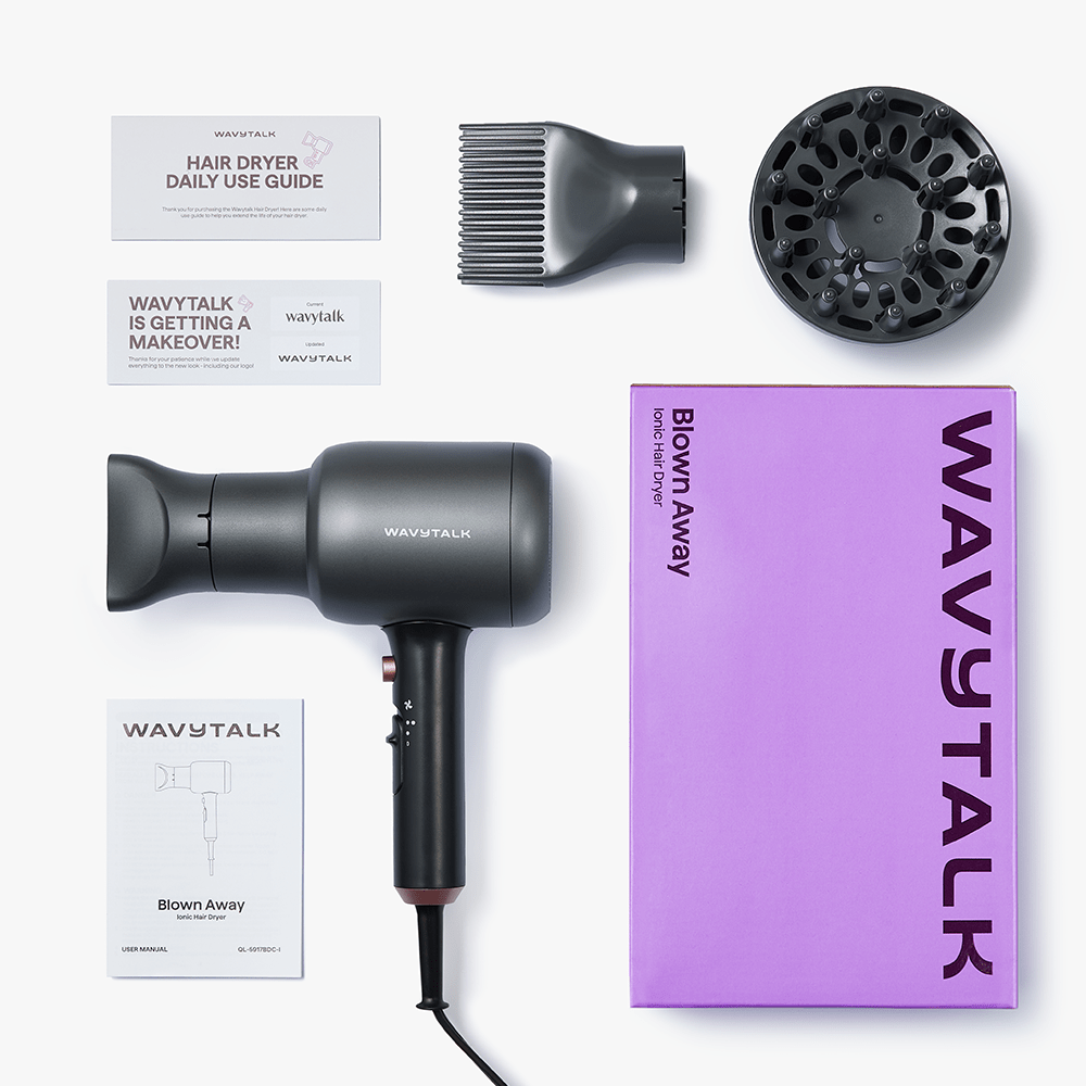 Gray Blown Away hair dryer set by Wavytalk, including professional accessories and styling attachments on a white background.