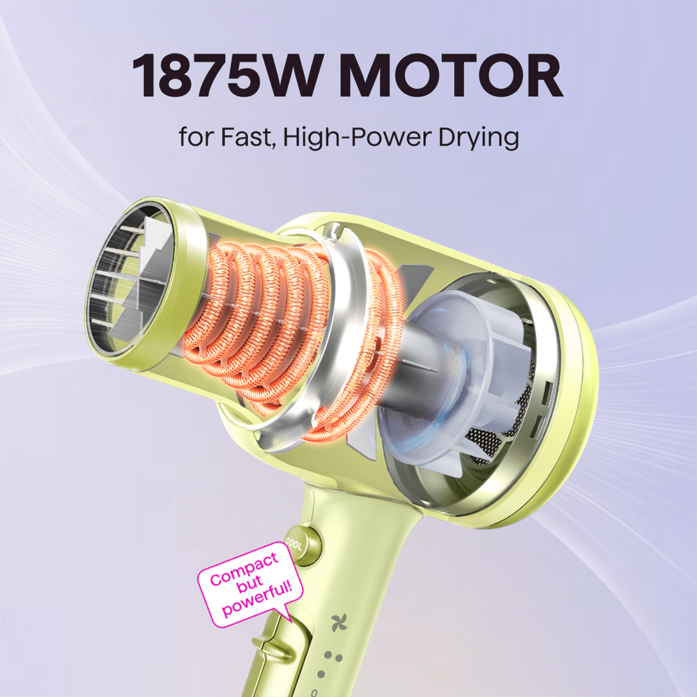 Green Blown Away hair dryer with a powerful 1875W motor for professional drying, featured on a light purple background.