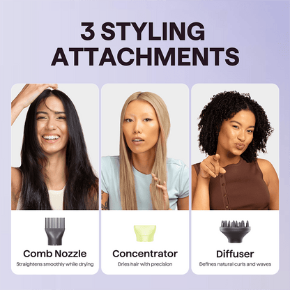 Three women with different hairstyles showcasing three styling attachments on a light purple background.