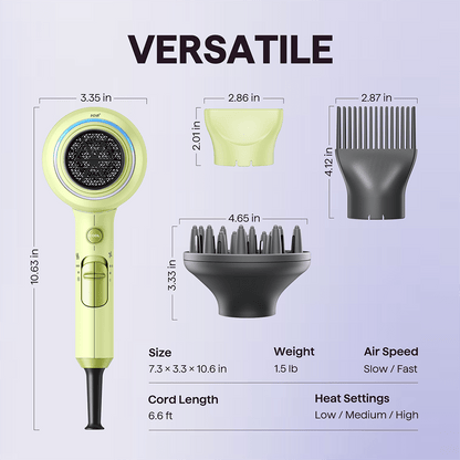 Green Blown Away hair dryer featuring professional styling attachments and technical specifications on a light purple background.