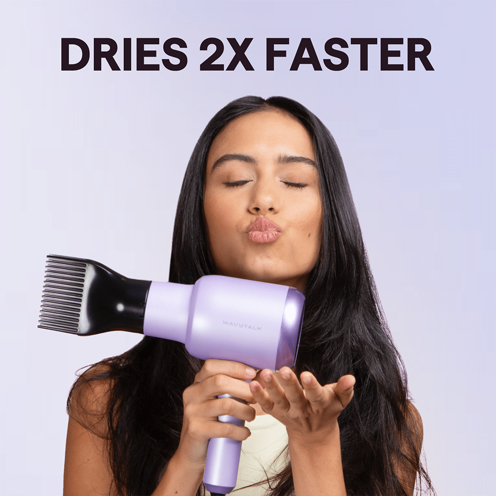 Woman using a purple Blown Away with text 'Dries 2X Faster' on a light purple background