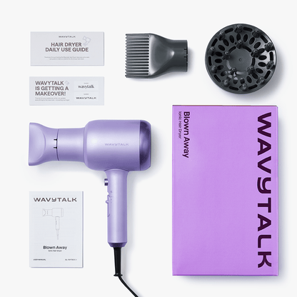 Purple Blown Away with attachments and packaging on a white background