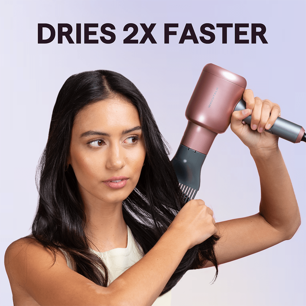 Rose Gold Blown Away hair dryer used by a woman to dry hair, featuring the text "Dries 2x Faster" on a light purple background.