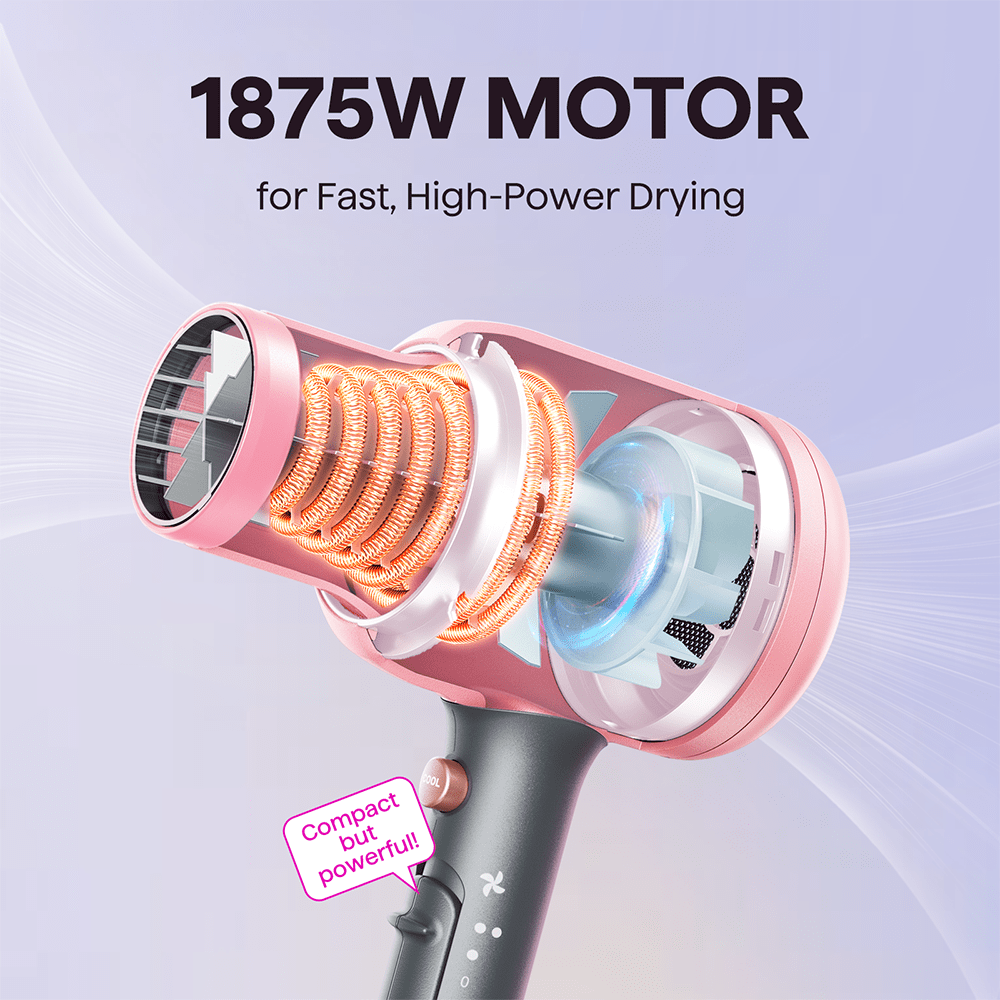 Rose Gold Blown Away hair dryer with a powerful 1875W motor for professional drying, featured on a light purple background.