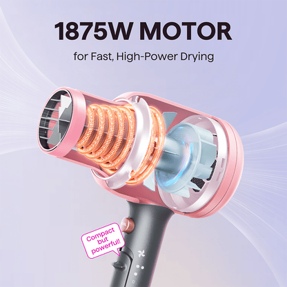Rose Gold Blown Away hair dryer with a powerful 1875W motor for professional drying, featured on a light purple background.