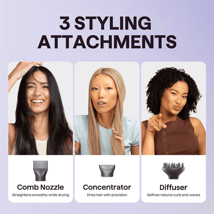 Three women with different hairstyles showcasing three styling attachments on a light purple background.