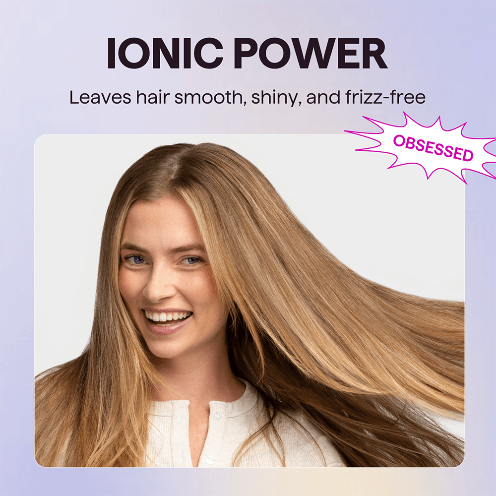 Woman with long, straight hair on a light purple background with text about Ionic Power hair treatment.