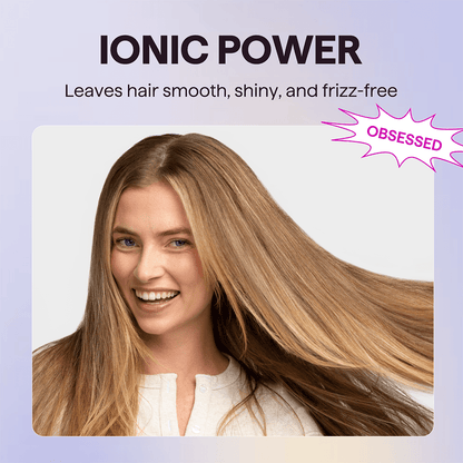 Woman with long, straight hair on a light purple background with text about Ionic Power hair treatment.
