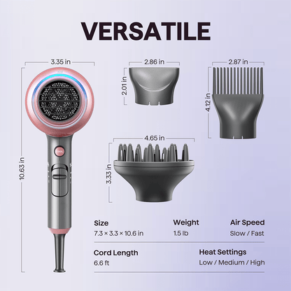 Rose gold Blown Away hair dryer with styling attachments and technical specifications on a light purple background.