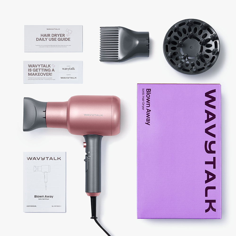 Rose Gold Blown Away hair dryer by Wavytalk, complete with styling attachments and original packaging on a white background.