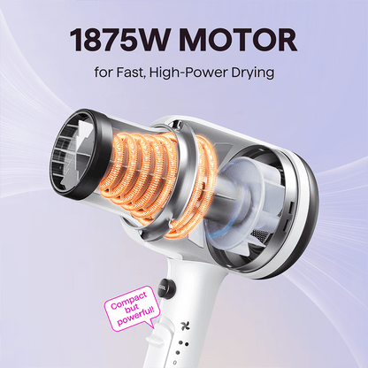 White Blown Away hair dryer held by a woman, featuring the text "Dries 2X Faster" against a light purple background.