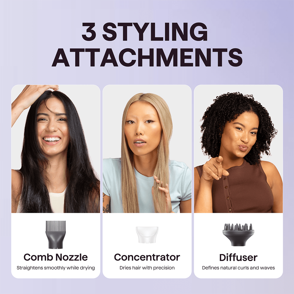 Three women with different hairstyles showcasing three styling attachments on a light purple background.