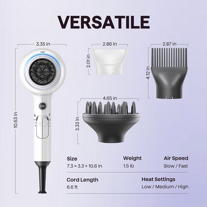White Blown Away hair dryer featuring professional styling attachments and technical specifications on a light purple background.