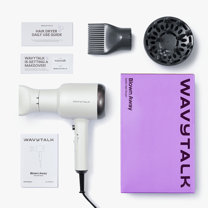 White Blown Away hair dryer set by Wavytalk, including professional accessories and styling attachments on a white background.