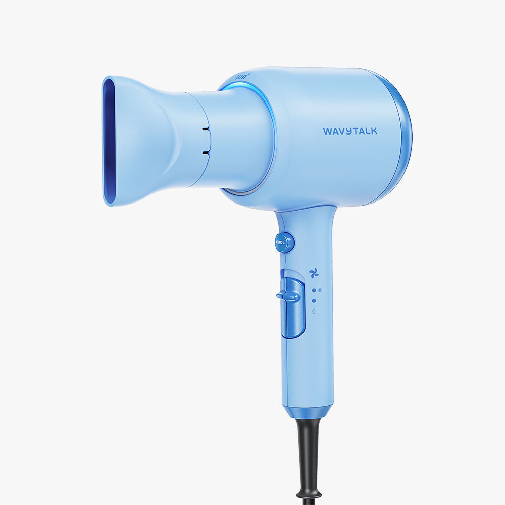 Blue Blown Away hair dryer with 'Wavytalk' branding on a white background