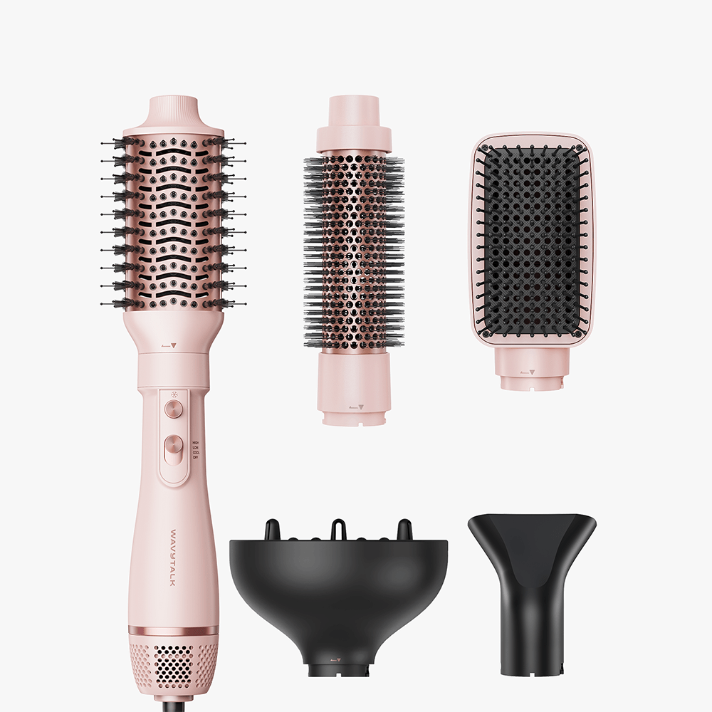 Pink Air Sculpt 5 In 1 hair styling tools with attachments on a white background
