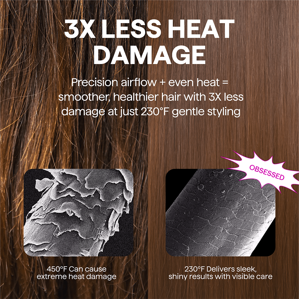 Advertisement highlighting reduced heat damage with hair styling product, showing before and after images of hair damage using Pink Air Sculpt 5 In 1