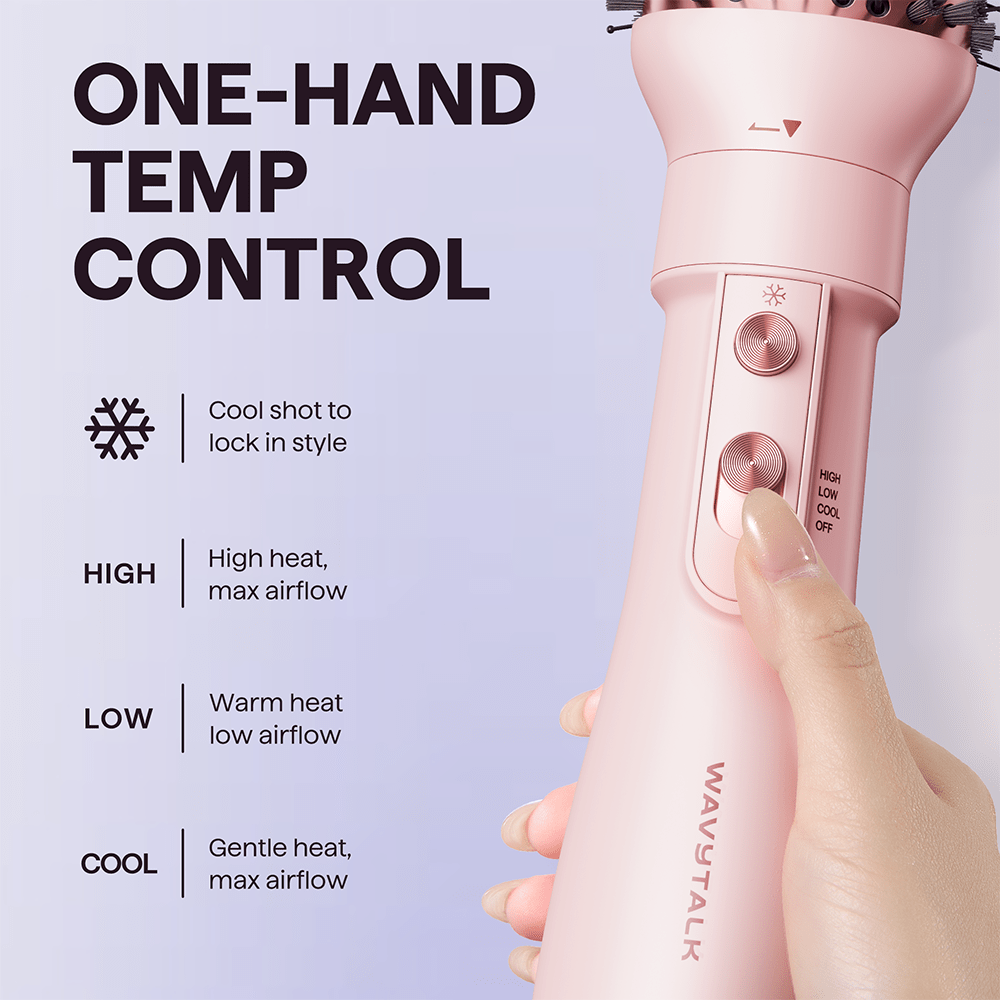 Pink Pink Air Sculpt 5 In 1 hair styling tool with control buttons and 'Wavytalk' branding on a light purple background.
