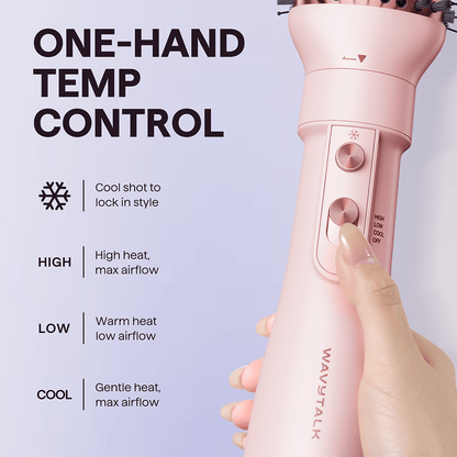Pink Pink Air Sculpt 5 In 1 hair styling tool with control buttons and 'Wavytalk' branding on a light purple background.