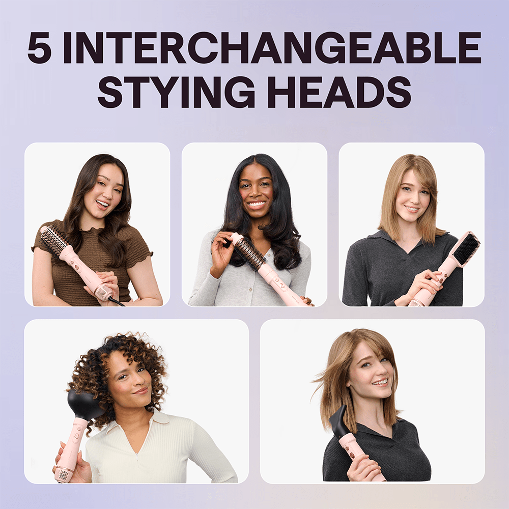 Five women using Pink Air Sculpt 5 In 1 with interchangeable heads on a light purple background.